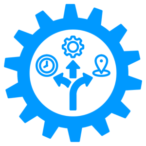 Graphic design image of a blue cog wheel depicting flexible learning for marketing and business development coaching.