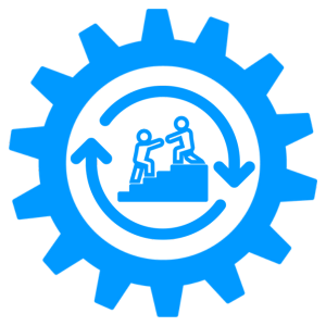 Graphic design image of a blue cog wheel depicting on going support for marketing and business development coaching.