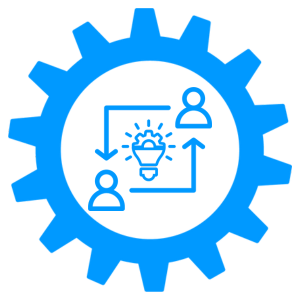 Graphic design image of a blue cog wheel with an icon depicting people collaborating about marketing and business development coaching.