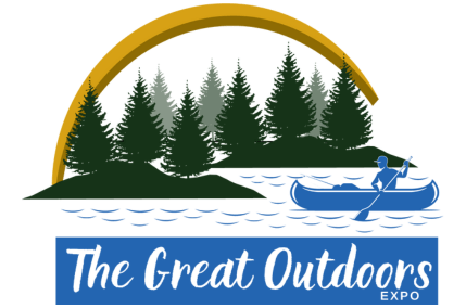 Great Outdoors Expo graphic logo with a man in a canoe, rowing past islands of trees. LM Creative is a trusted partner of the Great Outdoors Expo.