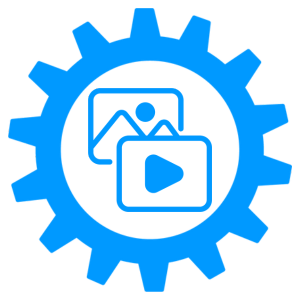 Graphic design image of a blue cog wheel with an image icon and video icon to depict Visual Storytelling services under LM Creative's Manitoba Coaching and Consulting solutions.