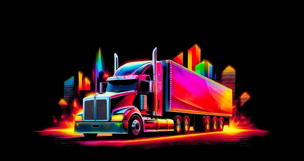 Digital art graphic of a semi truck and trailer in the foreground and a city skyscape in the background depicting transportation Sales and Customer Retention.